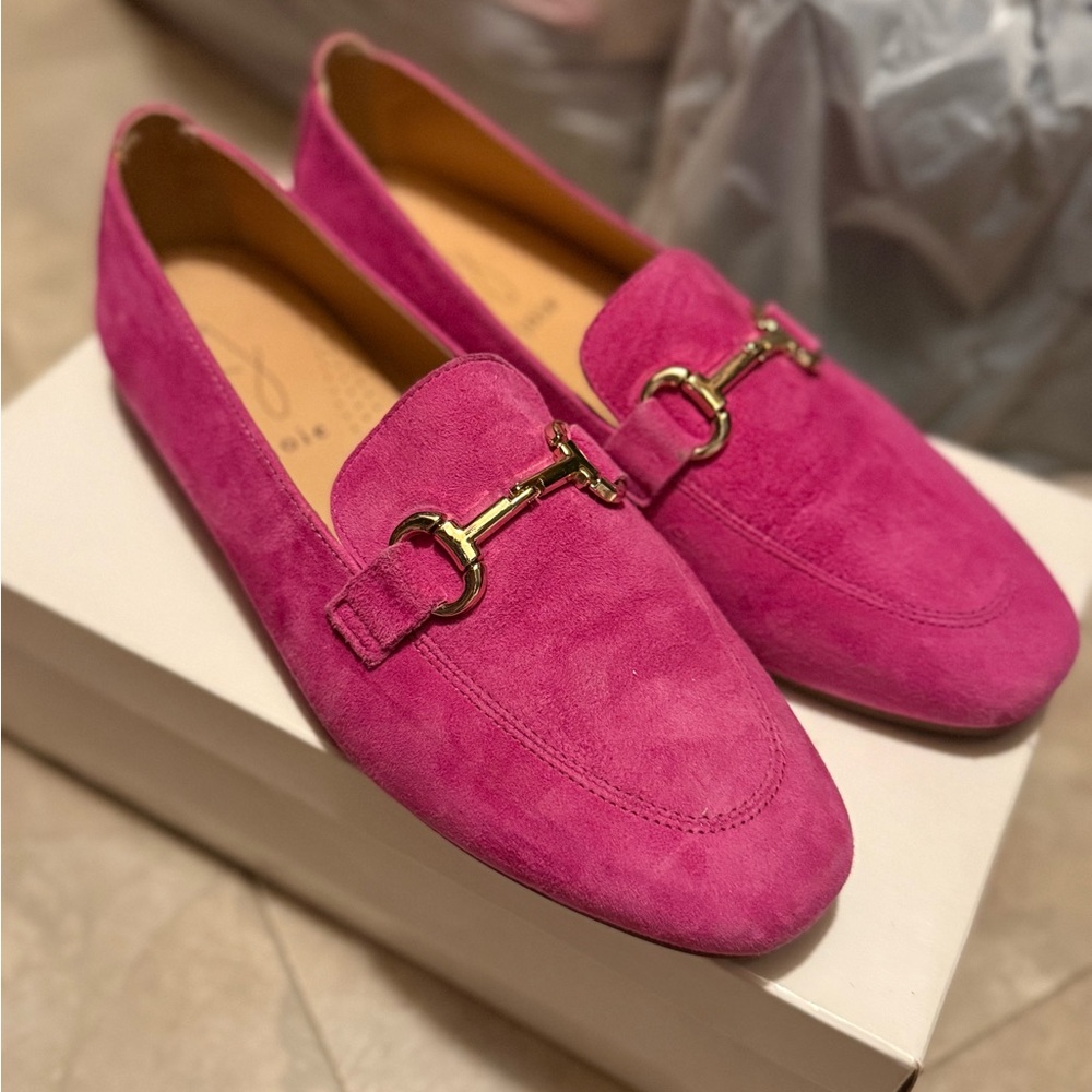 Joie Fuchsia Suede Loafers with Gold Accent